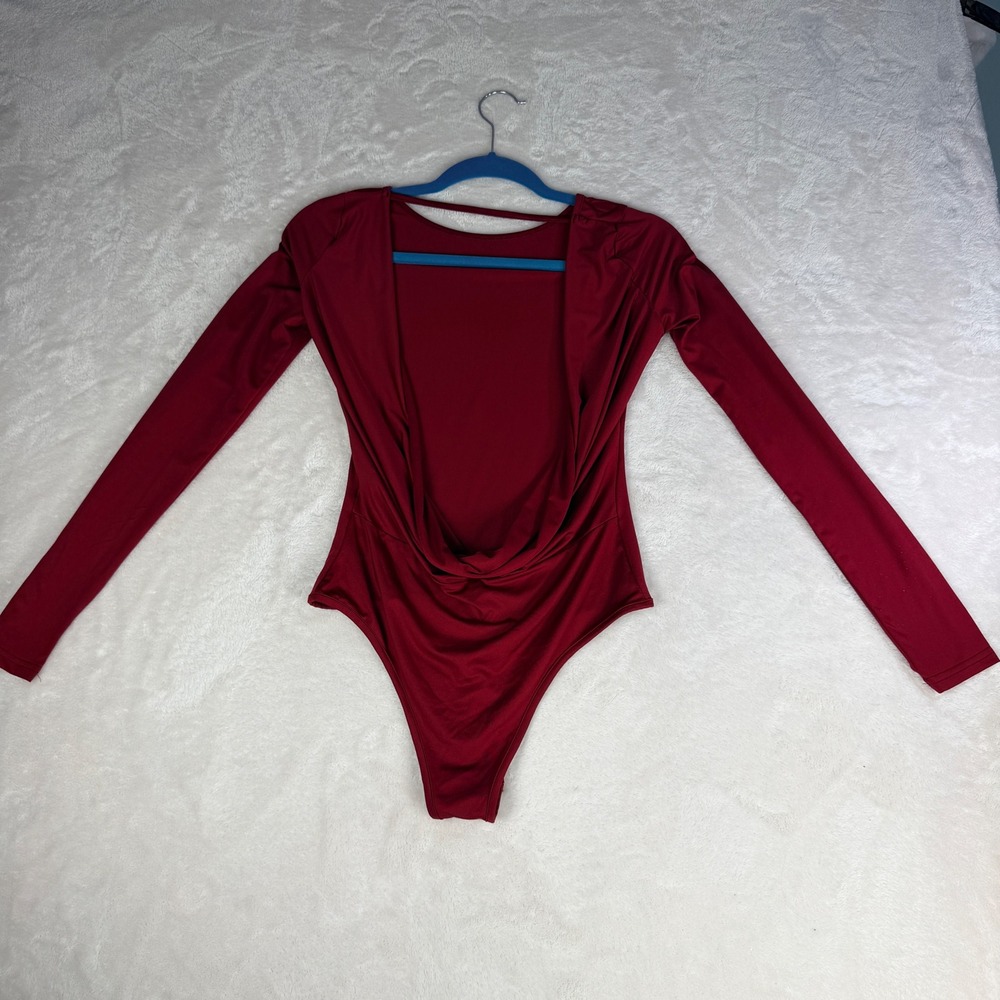 SHEIN Cowl Open Back Bodysuit Womens M Burgundy Wine Long Sleeve Going Out Top